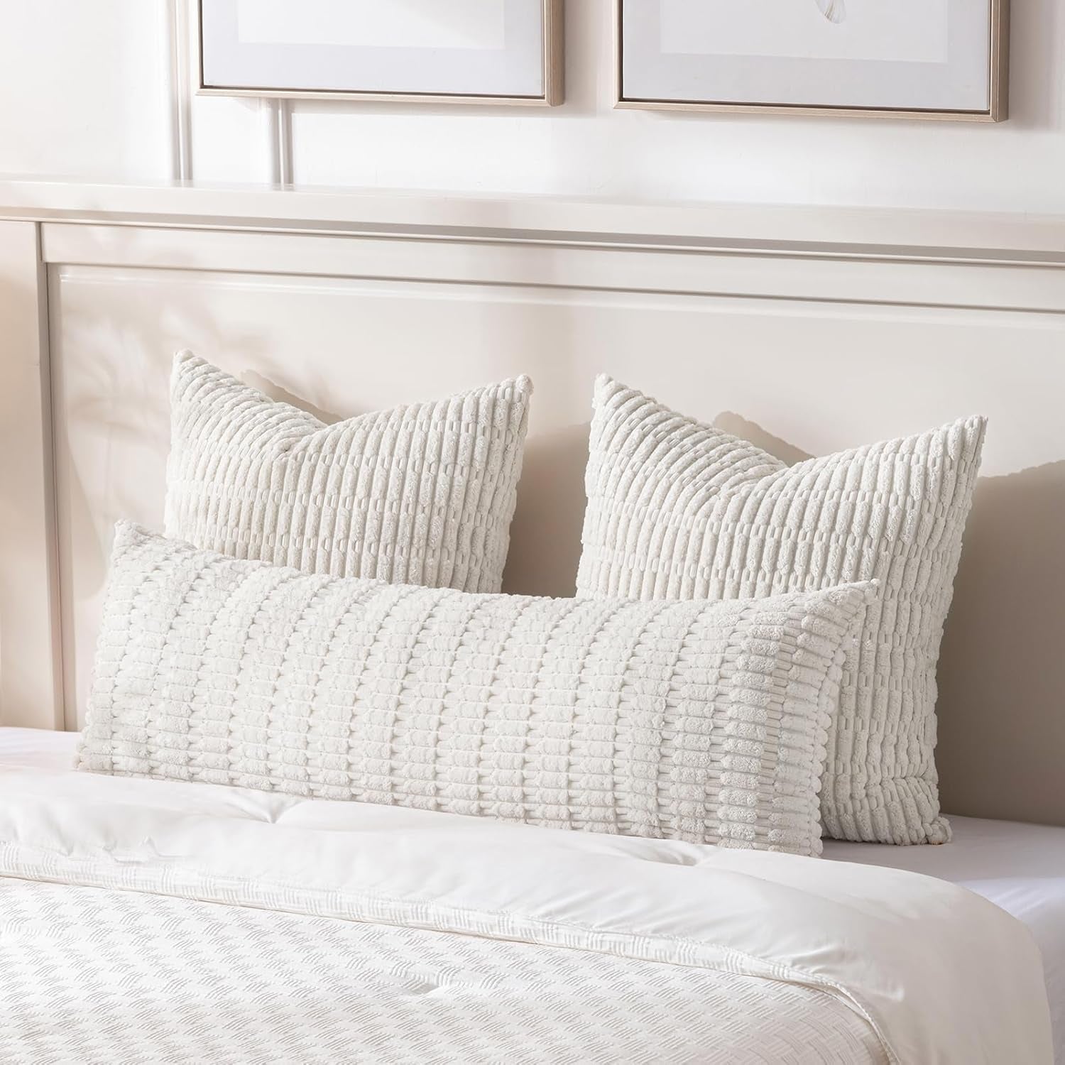 Cream Boho Long Body Lumbar Decorative Throw Pillow Cover 14X36 Inch for Bed Couch Bedroom Bench, Soft Corduroy Rectangle Solid Pillow Case 35X91 Cm, Rustic Farmhouse Room Decor