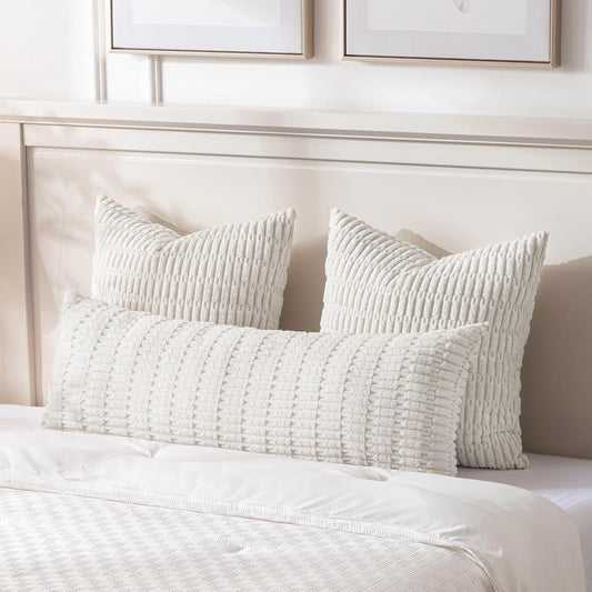 Cream Boho Long Body Lumbar Decorative Throw Pillow Cover 14X36 Inch for Bed Couch Bedroom Bench, Soft Corduroy Rectangle Solid Pillow Case 35X91 Cm, Rustic Farmhouse Room Decor