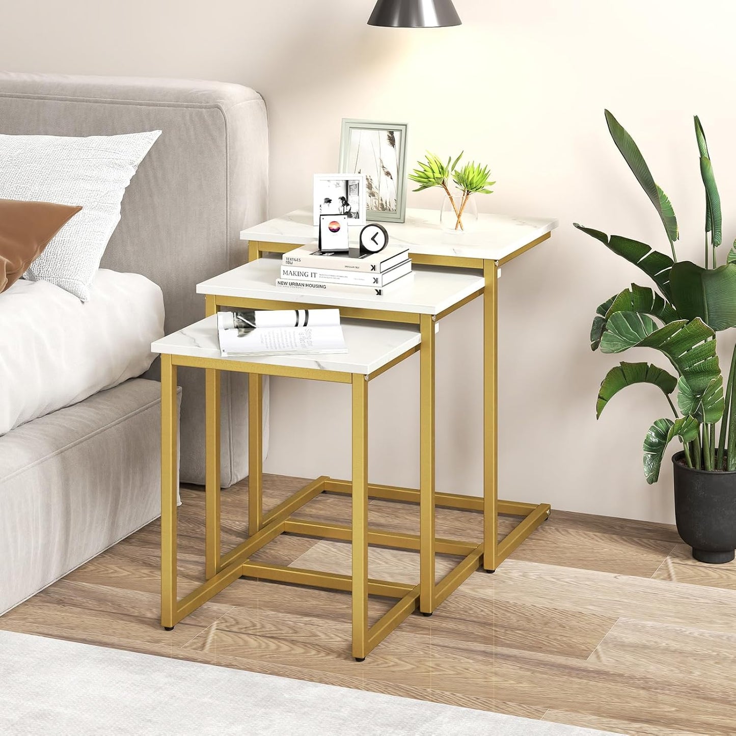 Nesting Coffee Tables Set of 3, Rectangular Nesting Center Table with Faux Marble Top & Metal Frame, Modern C-Shaped Nested Side Table Set for Living Room, Bedroom, Gold & White
