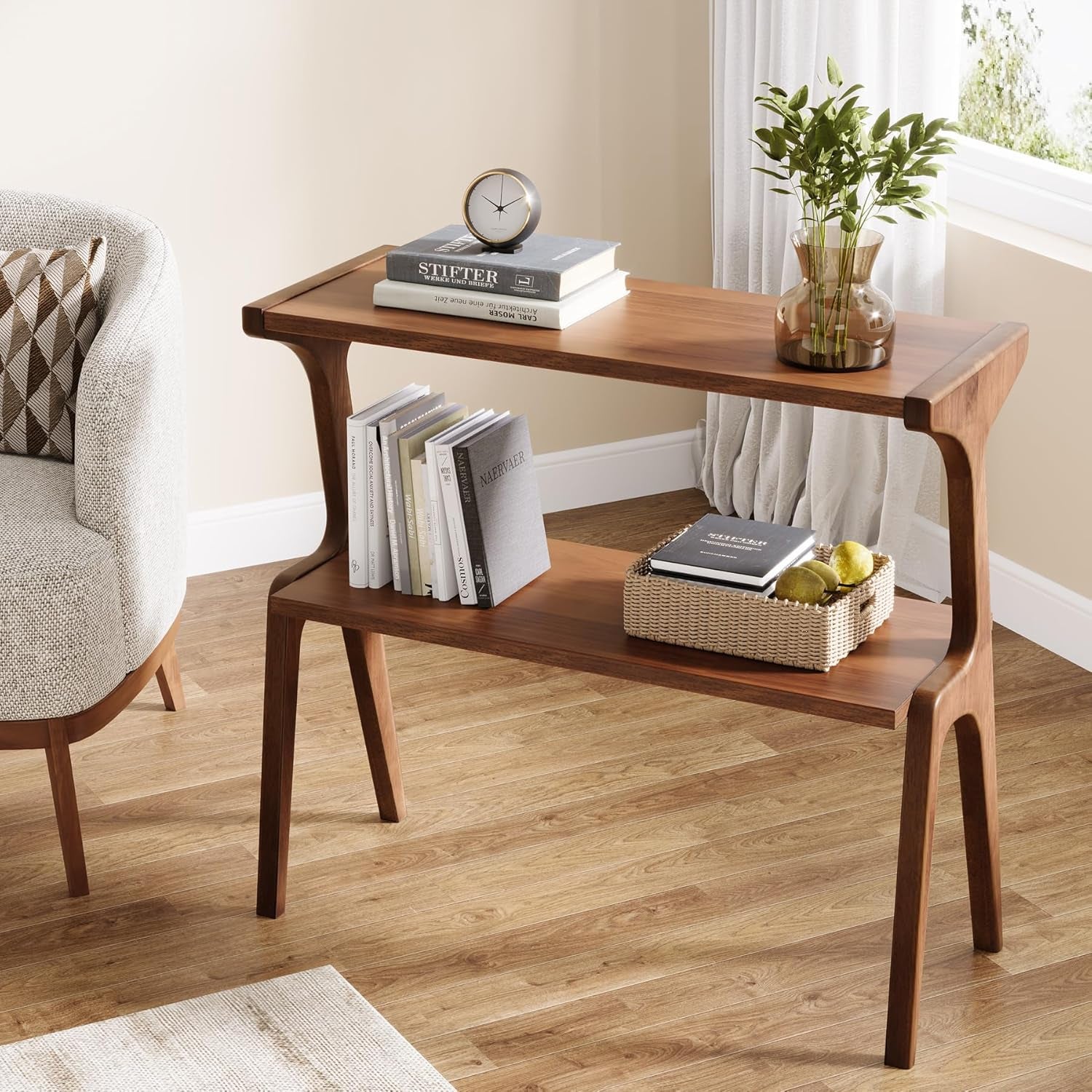 Solid Wood Side Table, 2-Tier Farmhouse Couch Side Table, Rustic Slim Tall Sofa End Table with Storage Shelf for Living Room, Skinny Bedside Table, Nightstand for Bedroom, Rustic Brown