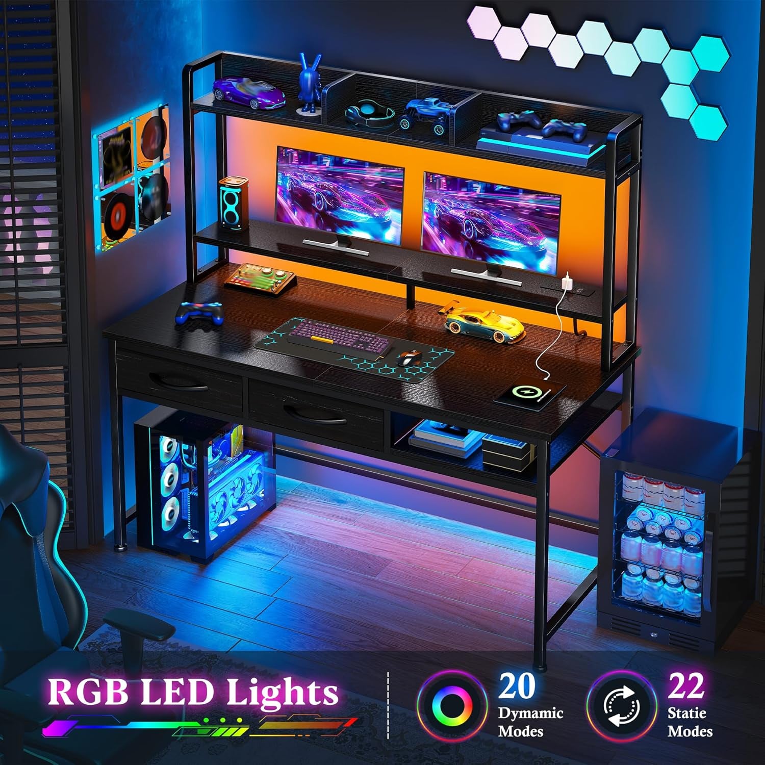 39.4" Computer Desk with Hutch & Monitor Stand,Gaming Desk with LED &Power Outlet,Writing Desk with 2Drawers &1Open Storage,Office Desk,Study Desk for Bedroom Home Office,Small Space,Black