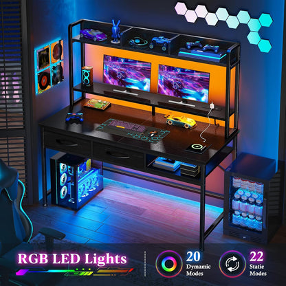 39.4" Computer Desk with Hutch & Monitor Stand,Gaming Desk with LED &Power Outlet,Writing Desk with 2Drawers &1Open Storage,Office Desk,Study Desk for Bedroom Home Office,Small Space,Black