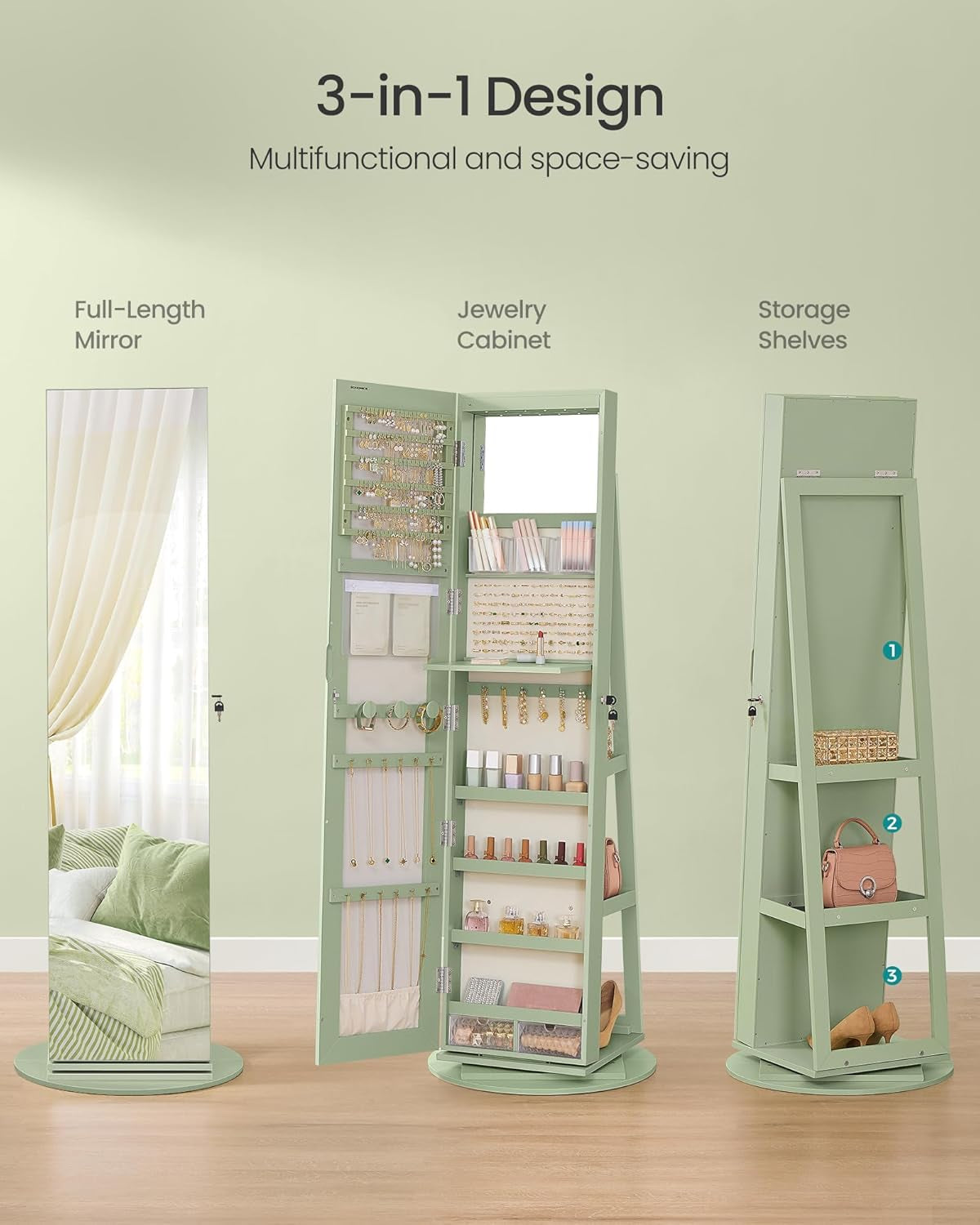 6 Leds Lockable Mirror Jewelry Cabinet, 360° Swivel Jewelry Organizer Armoire Standing, Frameless Full-Length Mirror, 3 Storage Shelves, Laurel Green Surface, Cream White Lining UJJC007C01