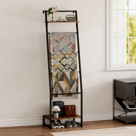 Blanket Ladder with Shelf, 6 Layer Wall-Leaning Blanket Rack, Farmhouse Blanket Shelf for Storage and Home Decor, Freestanding Rack for Bathroom, Rustic Brown and Black