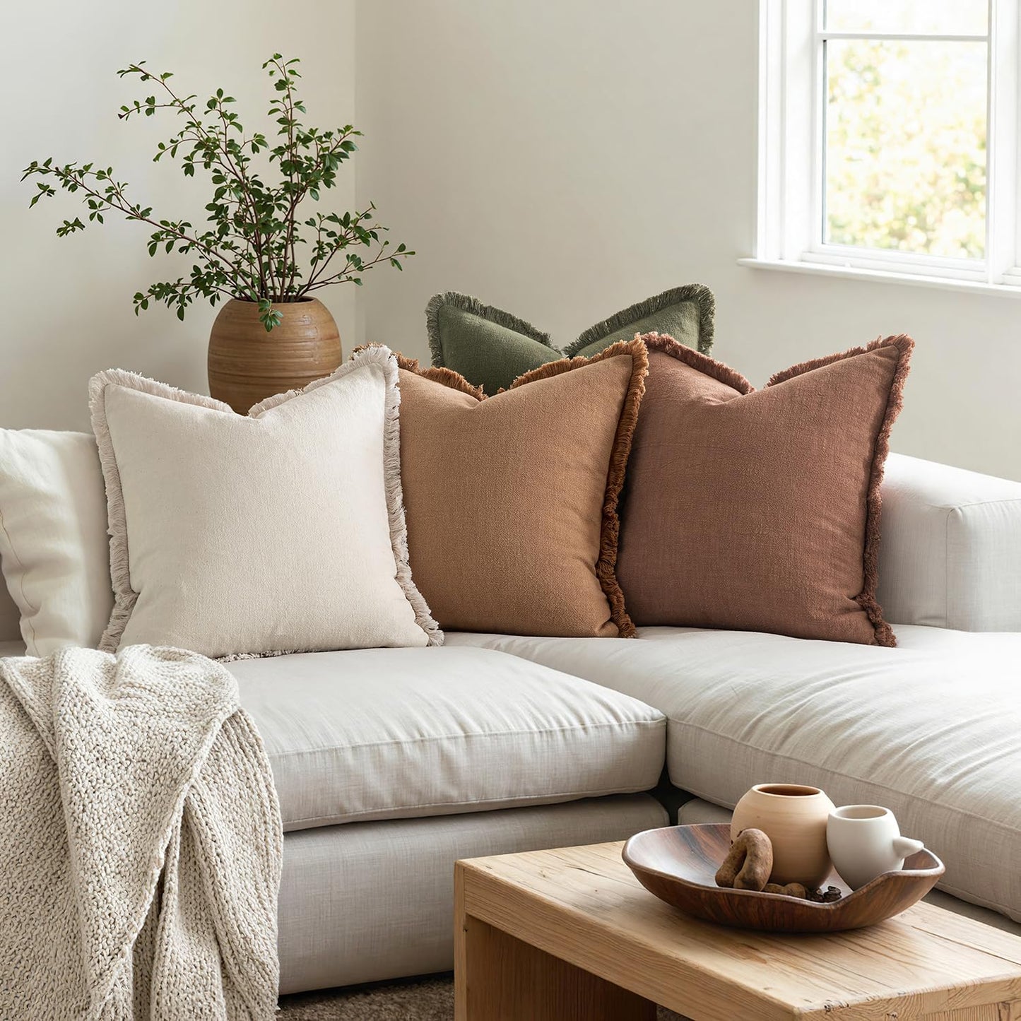 Fall Decorative Couch Pillow Covers Neutral Linen Fringe Throw Pillows Set of 4 Soft Rustic Cushions Boho Farmhouse Pillowcases for Bed Sofa Living Room Home Decor 18X18 Inch Beige/Brown/Green
