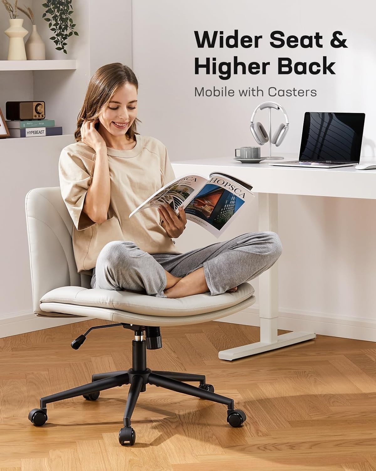 Armless-Office Desk Chair with Wheels: PU Leather Cross Legged Wide Chair,Comfortable Adjustable Swivel Computer Task Chairs for Home,Office,Make Up,Small Space,Bed Room(Light Beige)