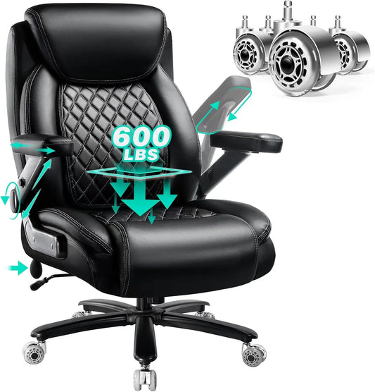 600LBS Large Heavy Duty Office Chair with 5D Flip Arms, Comfy Big and Tall Executive Office Desk Chair with Pocket Spring Cushion,High Back Computer Chair with Lumbar Support,Dual Rubber Wheel