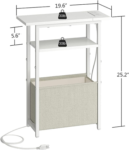 Narrow Side Table with Charging Station, Small End Table for Small Spaces, Skinny Nightstands with Storage Basket, 3 Tier Sofa Couch Bedside Tables for Living Room,Bedroom, White