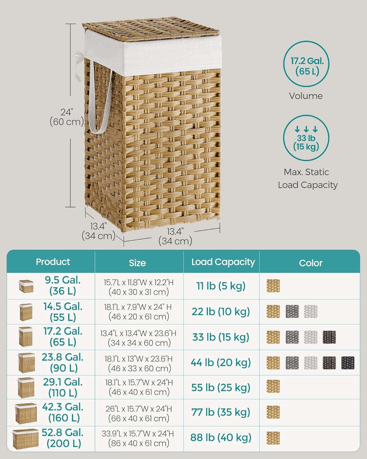 Laundry Hamper with Lid, 17.2 Gallon (65 L) Synthetic Rattan Clothes Laundry Basket with Lid and Handles, Foldable, Removable Liner, Goose Yellow ULCB165N01