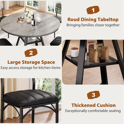 Round Dining Table Set for 4, Kitchen Table and Chairs for 4, Circle Table round Pedestal Dining Room Dinner Dinette Table Set,5 Piece Space Saving Wood Kitchen & Dining Room Tables (Grey, 42In)