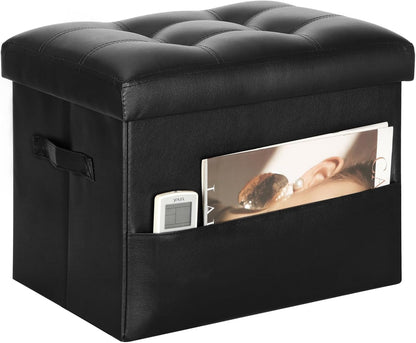 Storage Ottoman Foot Rest Stool with Thicker Foam Padded Seat. Foldable Leather Footstool Bench. Small Ottoman with Storage for Living Room Bedroom Coffee Table 350 Lbs, 17X13X13In, Black.
