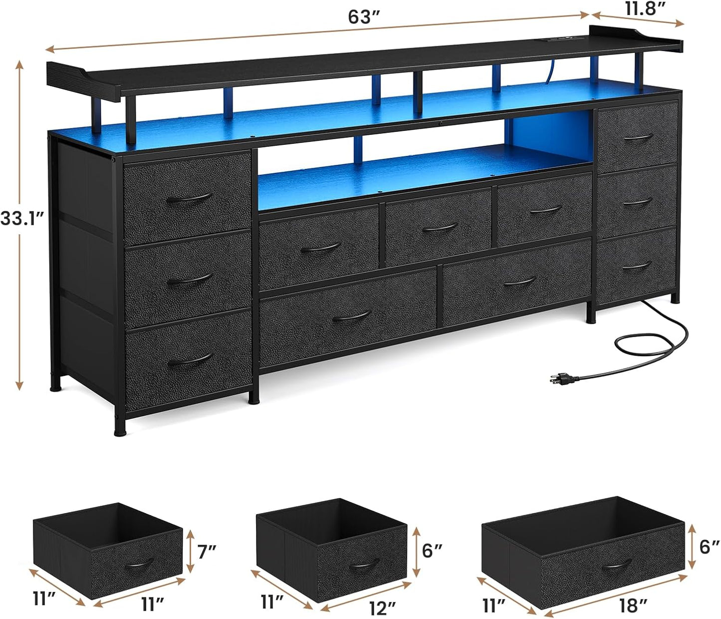 TV Stand for 65 Inch TV, 63" W TV Console Table with LED Lights & Charging Station, Long Dresser with 11 PU Drawers, Large Entertainment Center with Shelves for Bedroom,Black