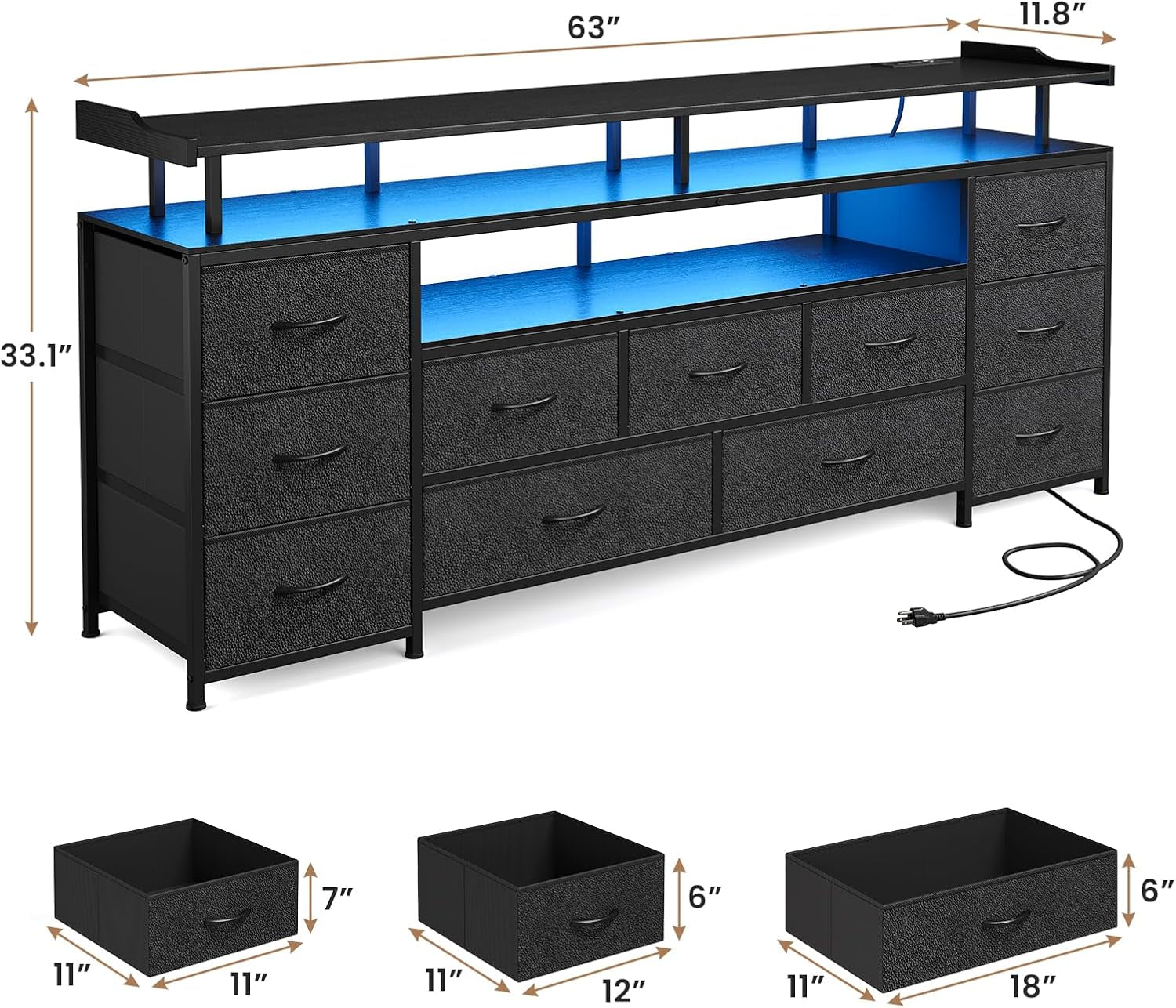 TV Stand for 65 Inch TV, 63" W TV Console Table with LED Lights & Charging Station, Long Dresser with 11 PU Drawers, Large Entertainment Center with Shelves for Bedroom,Black