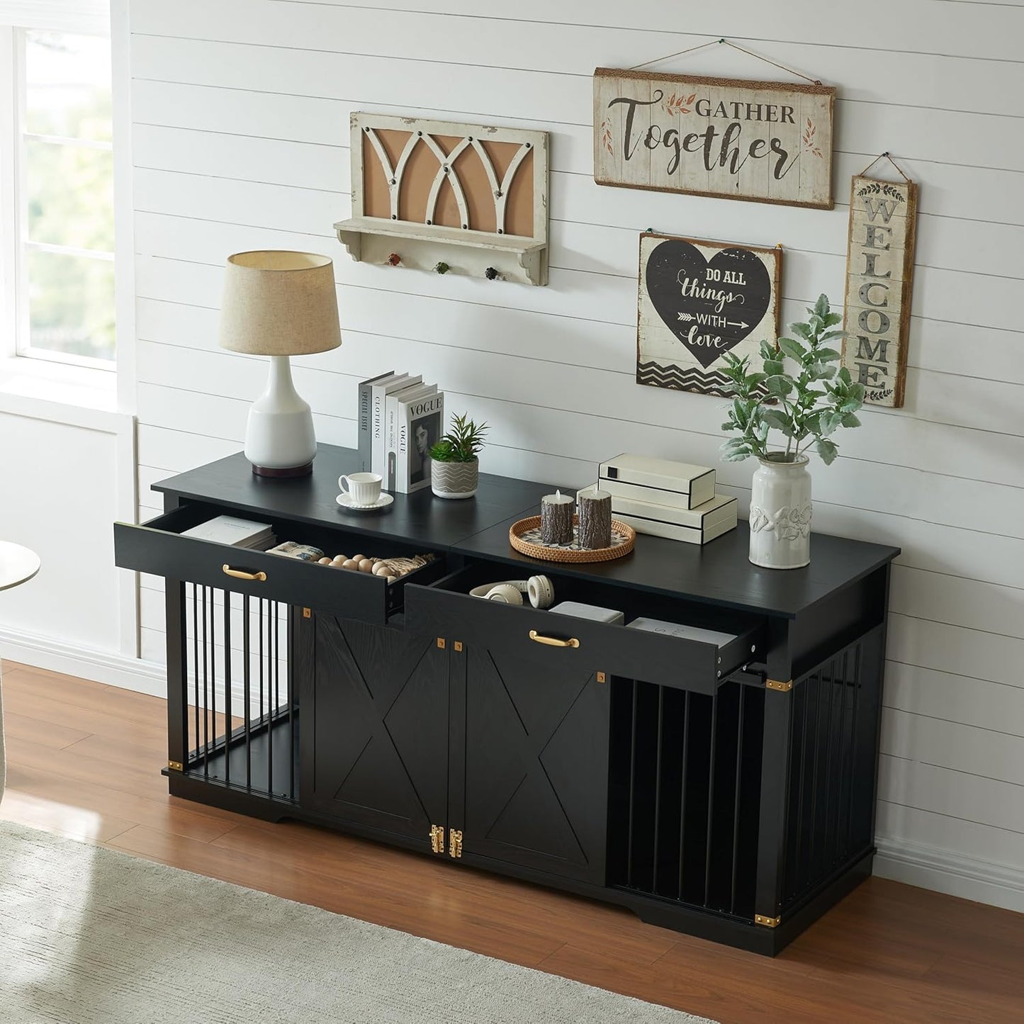 72.5" Extra Large Furniture Style Double Dog Crates for Large Breeds, XXL Wooden Dog Kennel Furniture with Drawers, Divider, Water Resistant & Barn Door for 2 Dogs, Black