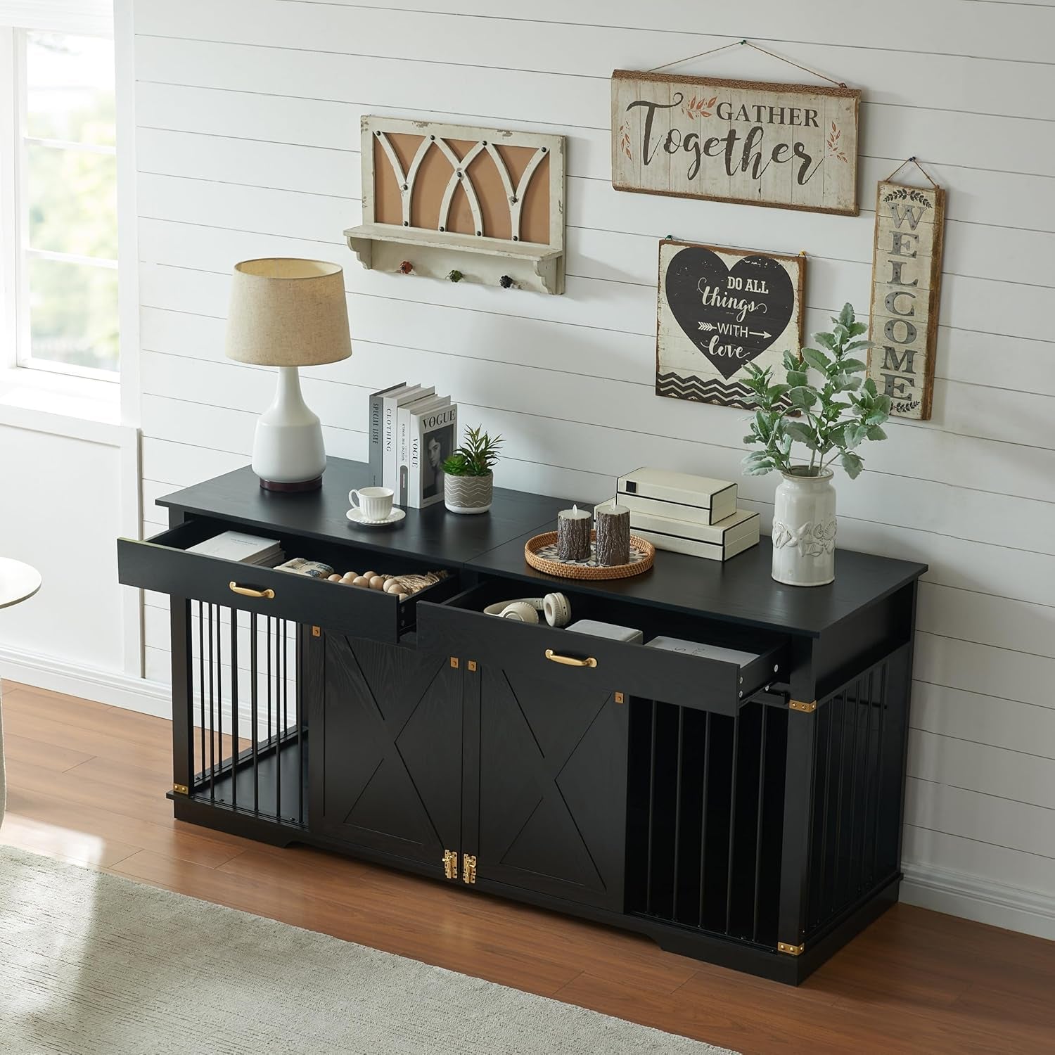 72.5" Extra Large Furniture Style Double Dog Crates for Large Breeds, XXL Wooden Dog Kennel Furniture with Drawers, Divider, Water Resistant & Barn Door for 2 Dogs, Rustic Oak