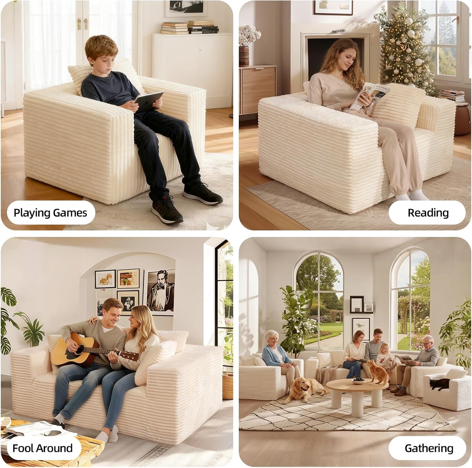 Boneless Cloud Couch Sofa, 2 Seater Deep Seat Modern Lounge Sleeper Couch, No Assemble, Corduroy Compression Upholstered Couches for Living Room, Bedroom, Apartment, Dorm, Office