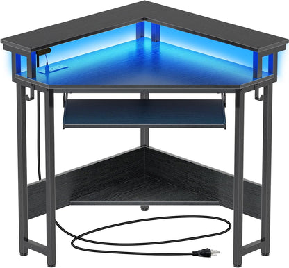 Corner Desk,44.5" W X 34.5" H Small Computer Desk with Power Outlets, Gaming Desk with LED Lights, Triangle Corner Table with Keyboard Tray & Monitor Stand for Small Space, Black