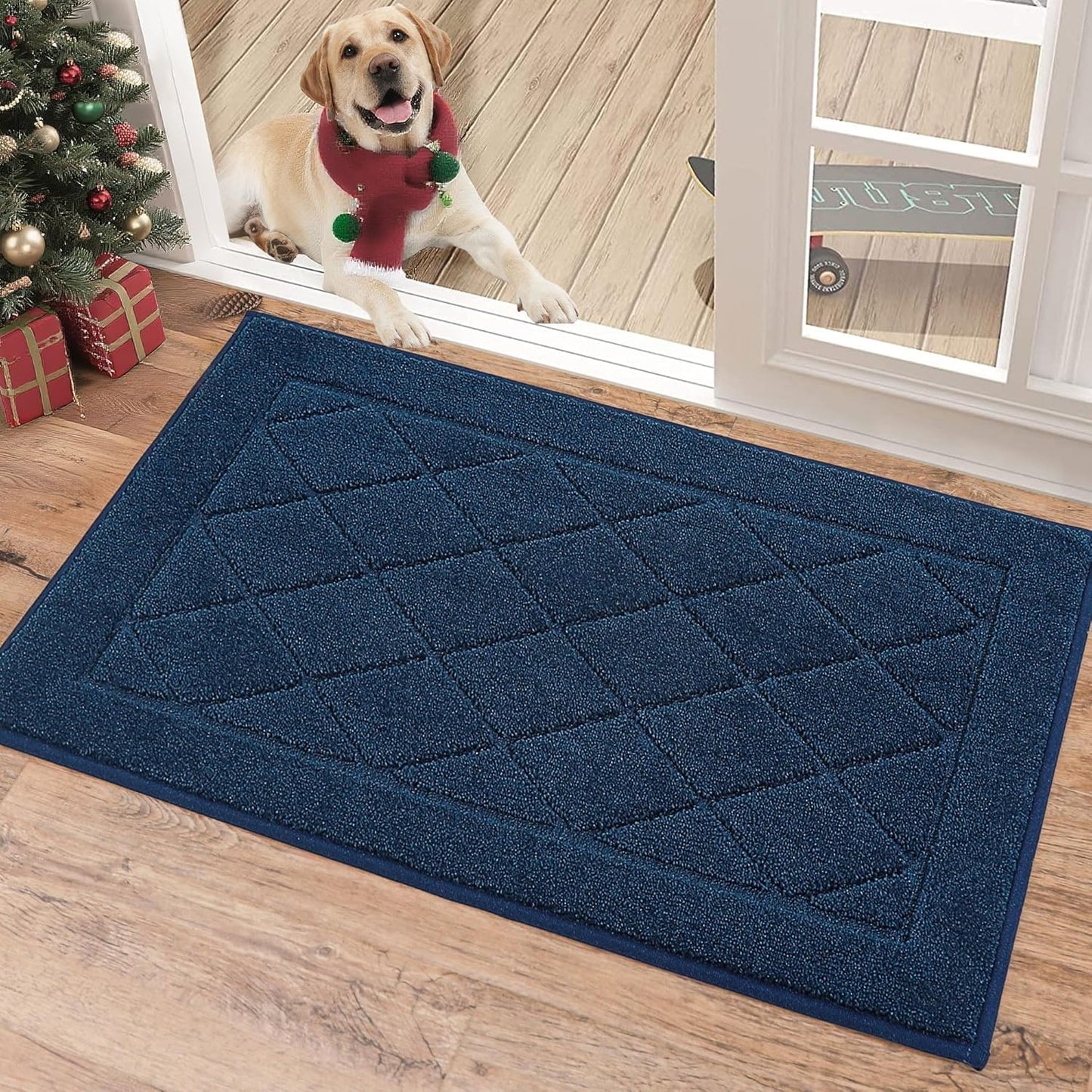 Dirt Trapper Door Mat 20" X 32", Doormat Non-Slip Entryway Rugs Washable, Dog Door Mat Stain Resistant and Absorbent Welcome Floor Mat for Front Back Door, Mud Wet Shoes & Paws, Navy Blue
