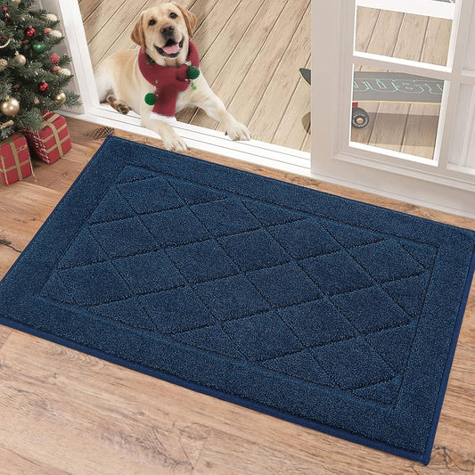 Dirt Trapper Door Mat 20" X 32", Doormat Non-Slip Entryway Rugs Washable, Dog Door Mat Stain Resistant and Absorbent Welcome Floor Mat for Front Back Door, Mud Wet Shoes & Paws, Navy Blue