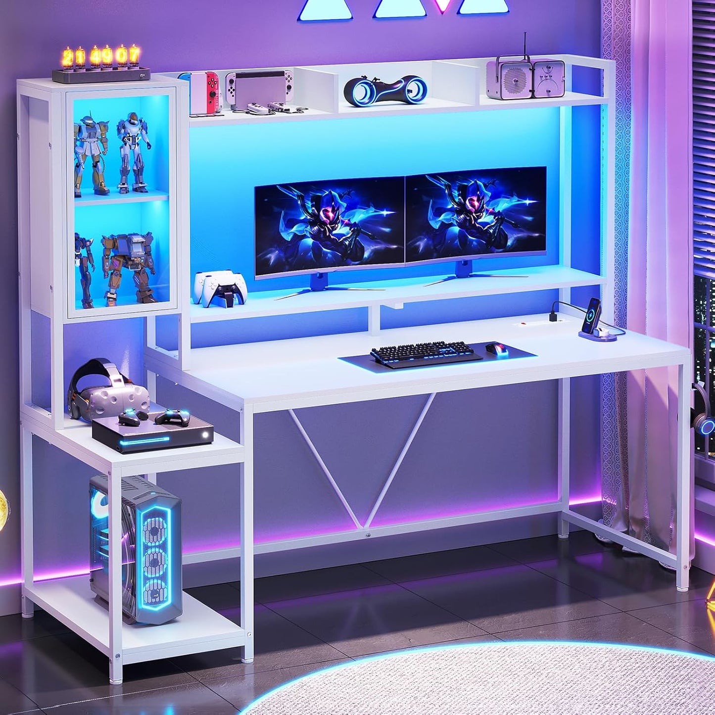 White Gaming Desk, 60'' Gaming Desk with Hutch and LED Lights, Computer Desk with Storage Shelves, Large PC Gamer Desk with Display Cabinet, Monitor Stand, Power Outlet for Home Office