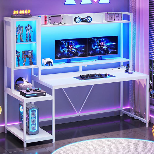 White Gaming Desk, 60'' Gaming Desk with Hutch and LED Lights, Computer Desk with Storage Shelves, Large PC Gamer Desk with Display Cabinet, Monitor Stand, Power Outlet for Home Office