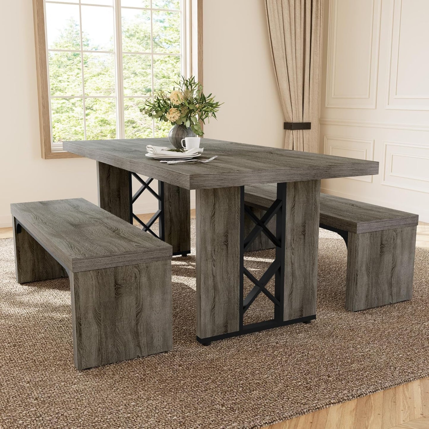 3-Piece Dining Table Set for 6 People, 70.8'' Rectangle Kitchen Table with 2 Benches for Breakfast Nook, Dining Room Furniture(Grey Table+2 Benches)