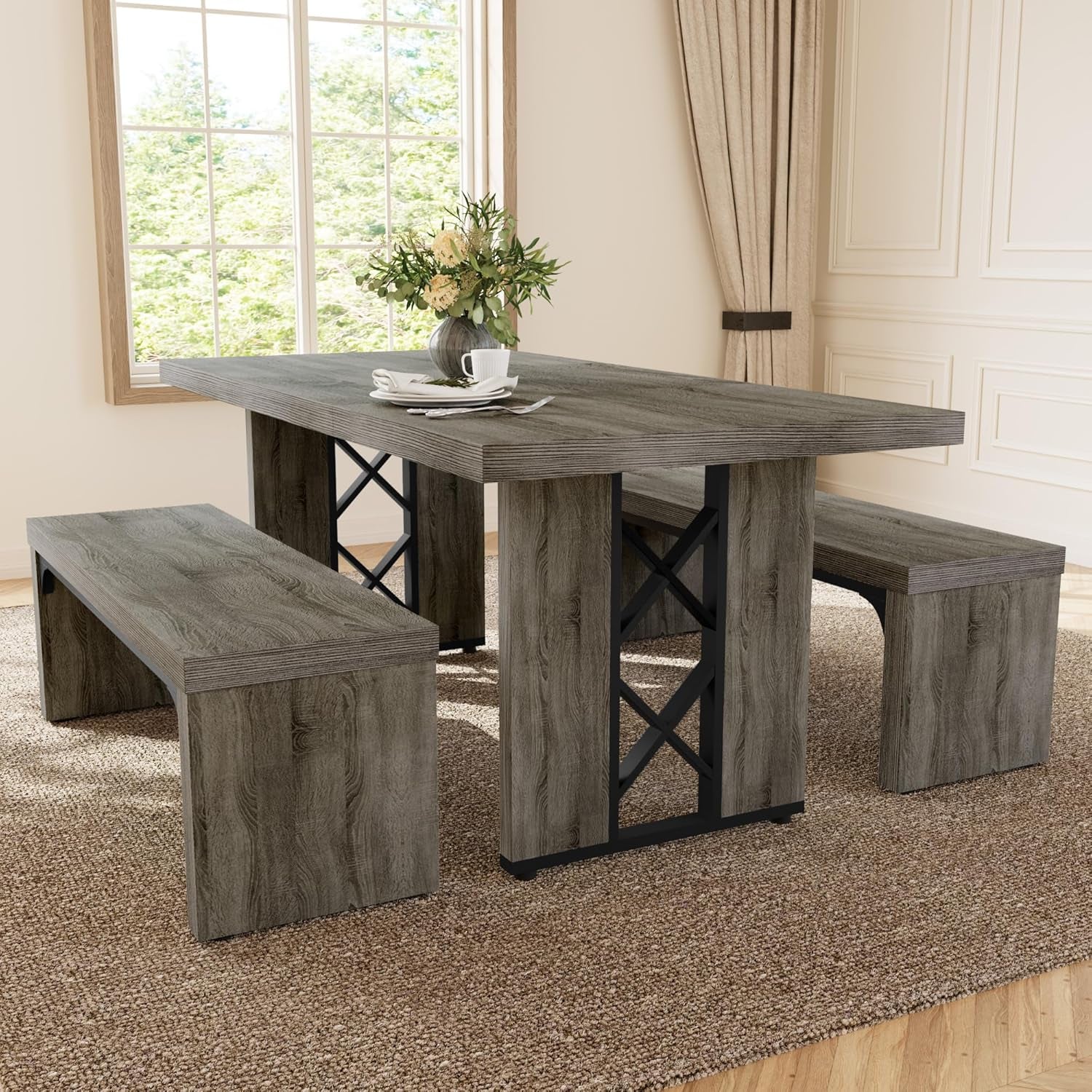 3-Piece Dining Table Set for 6 People, 70.8'' Rectangle Kitchen Table with 2 Benches for Breakfast Nook, Dining Room Furniture(Grey Table+2 Benches)