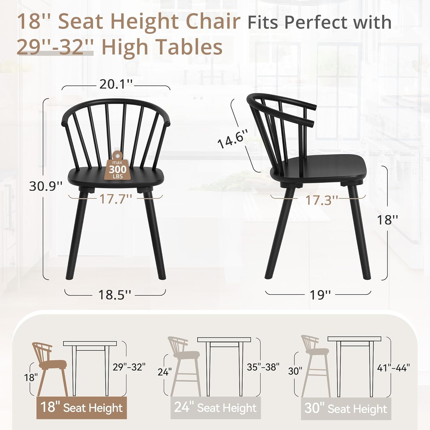 Black Dining Chairs Set of 4, Farmhouse Wood Dining Chairs with Semicircular Backrest, Spindle Dining Chair for Kitchen and Dining Room, 18 Inch