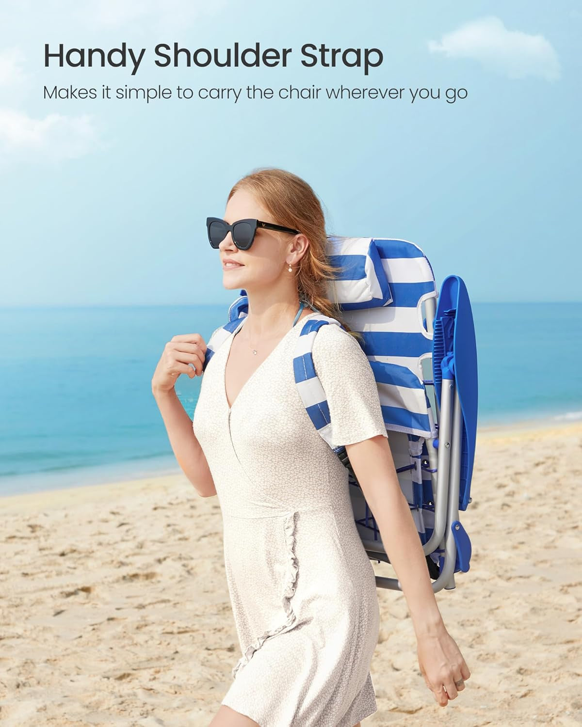 Portable Backpack Beach Chair, 331 Lb Capacity, 4 Angles Adjustable Backrest, 2 Side Pockets, Towel Bar, Blue and White UGCB62BU