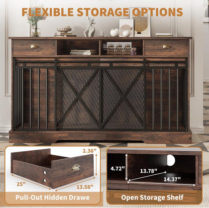 Double Dog Crate Furniture, 63 Inch Heavy-Duty Dog Kennel with Center Divider, Sliding Doors, Drawers and Open Shelves, Indoor Dog House for Living Room, Retro Brown