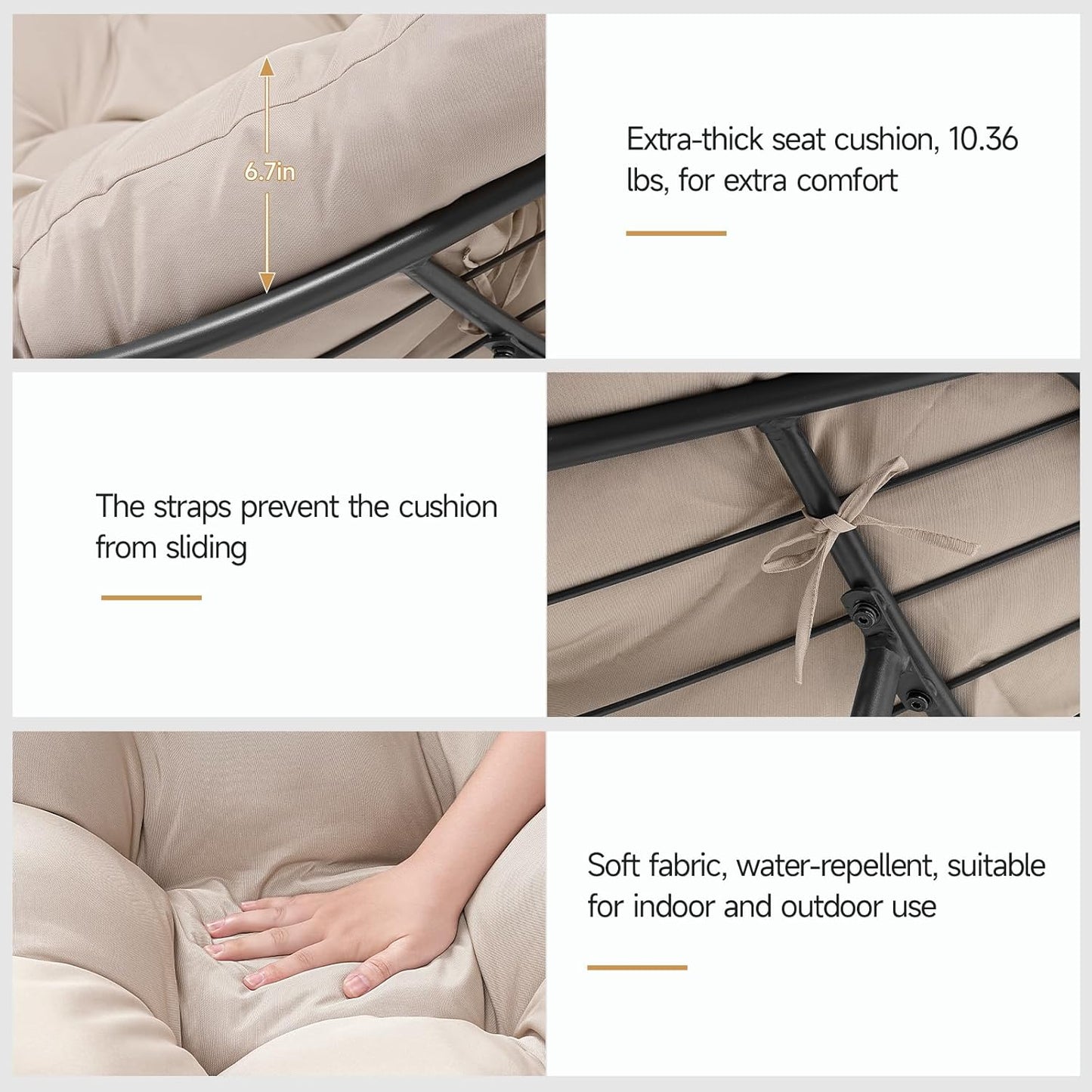 Indoor Rocking Papasan Chair, 450 Lbs Oversized Indoor Egg Comfy Chairs, Rocking Reading Chair with Thickened Cushion, Lounge Cozy Chairs for Bedroom Living Room, Beige