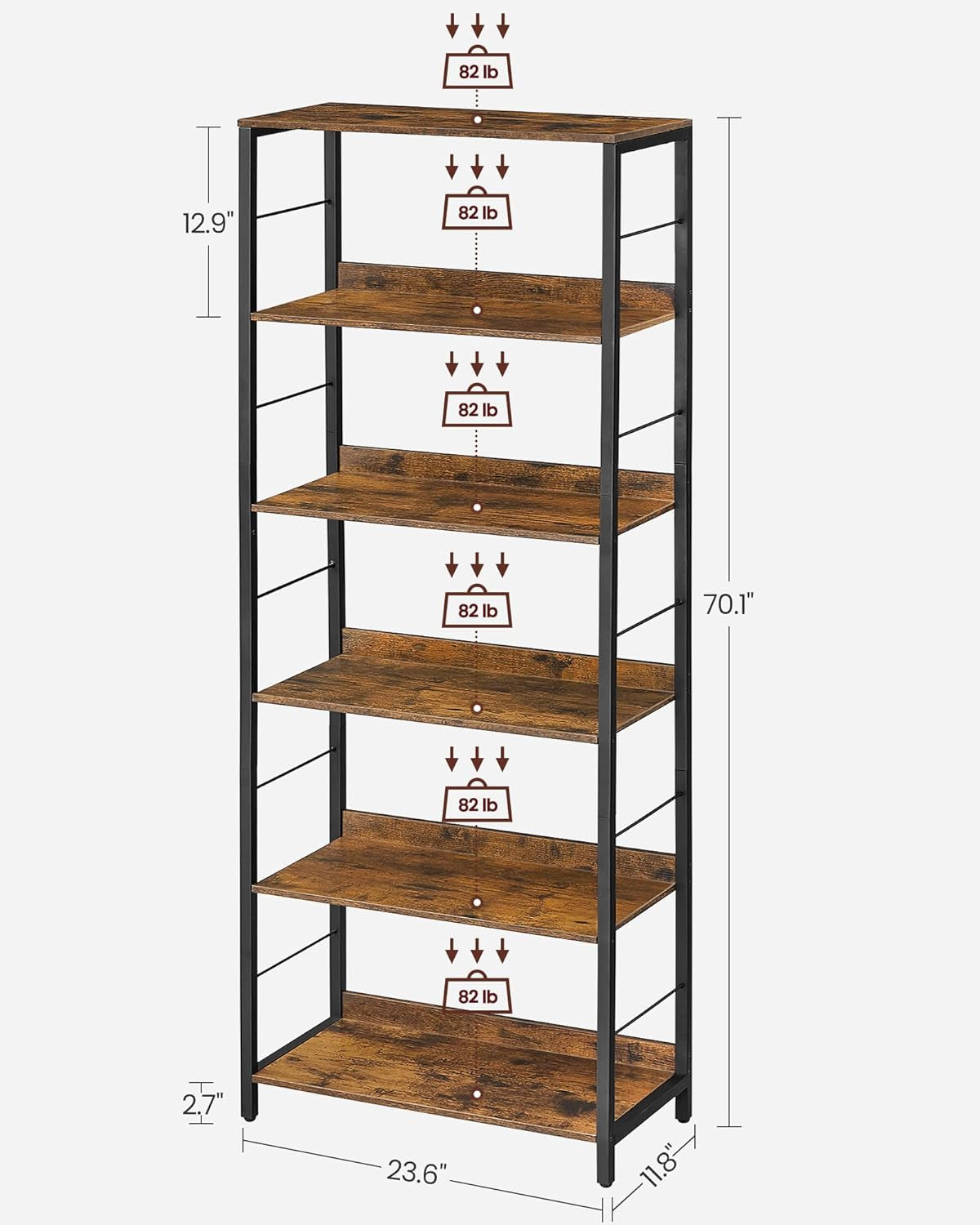 6-Tier Bookshelf, Bookcase for Office, 11.8 X 23.6 X 70.1 Inches, Shelving Unit, with Back Panels, Industrial Style, for Living Room, Study, Home Office, Rustic Brown and Black ULLS118B01