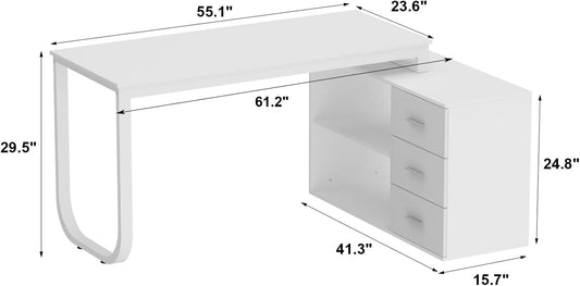 Home Office Computer Desk Corner Desk with 3 Drawers and 2 Shelves, 55 Inch Large L-Shaped Study Writing Table with Storage Cabinet - White
