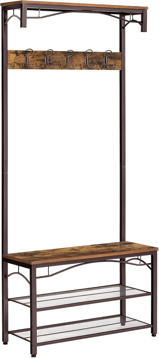 Coat Rack, 3-In-1 Hall Tree, Entryway Shoe Bench Coat Stand, Storage Shelves Accent Furniture Steel Frame Large Size, Industrial, Rustic Brown and Bronze UHSR45AX