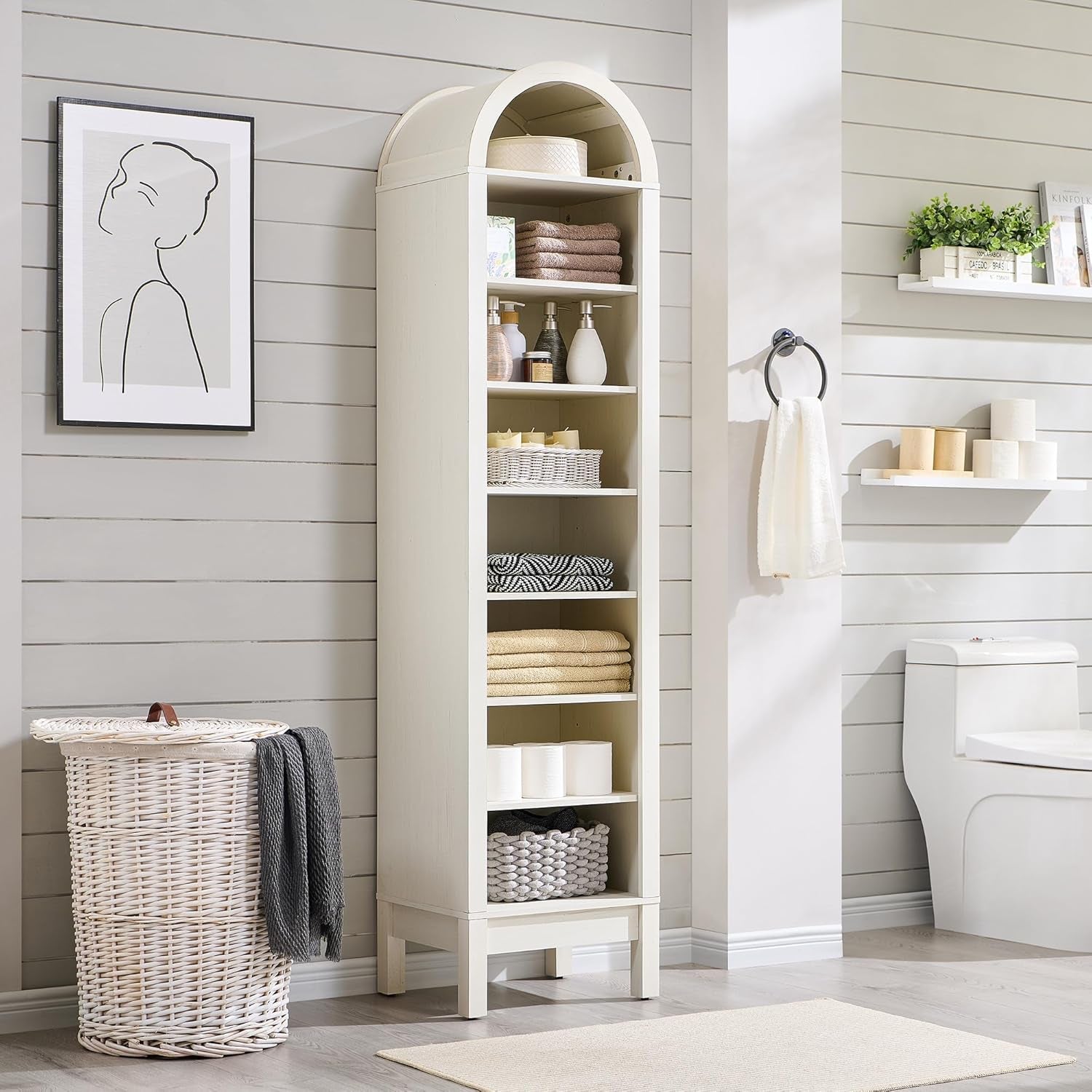 71" Tall Arched Bookshelf, 8 Tiers Arch Bookcase with Storage, Modern Farmhouse Book Shelf with Adjustable Shelves, Wood Bookshelf W/Open Display Shelves for Living Room, Office (Antique White)