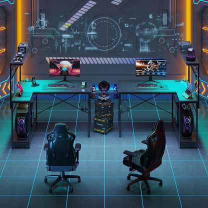 42 L Gaming Desk,Computer Desk with Power Outlets, LED Lights, Reversible Corner Desk with 4-Tier Shelves,Cup Holder & Hook Carbon Fiber Black