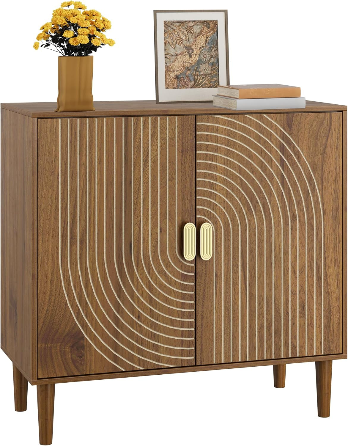 Walnut Sideboard Cabinet, Freestanding Buffet Cabinet with Line Groove Design, Wood Storage Cabinet with Adjustable Shelf for Living Room, Entryway, Hallway