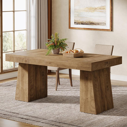Dining Room Table for 4-6, 55-Inch Mid-Century Modern Dining Table with Double Pedstral, Rectangular Wood Kitchen Dinner Table for Dining Room, Kitchen, Home, Black & Brown