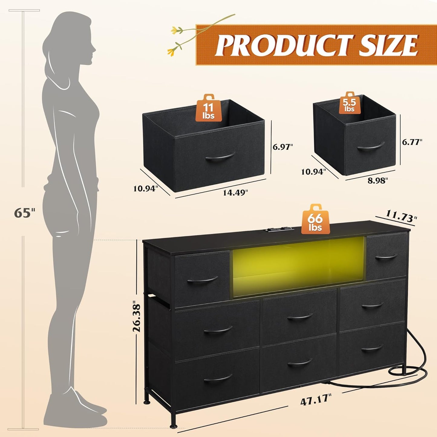 Black Dresser TV Stand for 45, 50, 55 Inch TV, Entertainment Center with LED Lights & Charging Station, Chest of Drawers with 8 Fabric Drawers and Open Shelves for Living Room, Hallway, Wood Top
