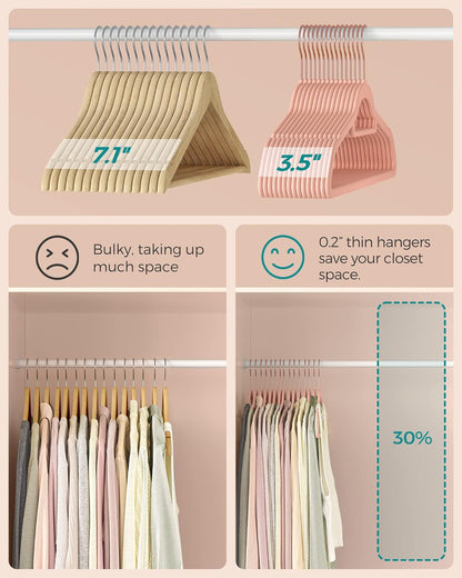 Velvet Hangers, Set of 50 Clothes Hanger with Rose Gold Swivel Hook, Non-Slip, and Space-Saving, 0.2-Inch Thick, 17.1-Inch Long for Coat, Shirt, Dress, Pants, Tie, Coral Pink UCRF21PK50