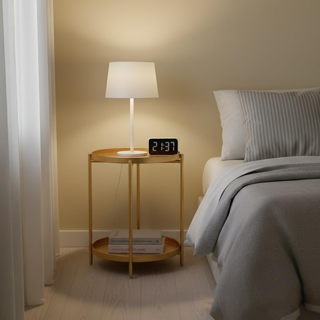 2 Tier Gold Side Table, Folding round Metal End Table Small Nightstand with Two Removable Tray for Bedroom Living Room Small Spaces Bedside Gold