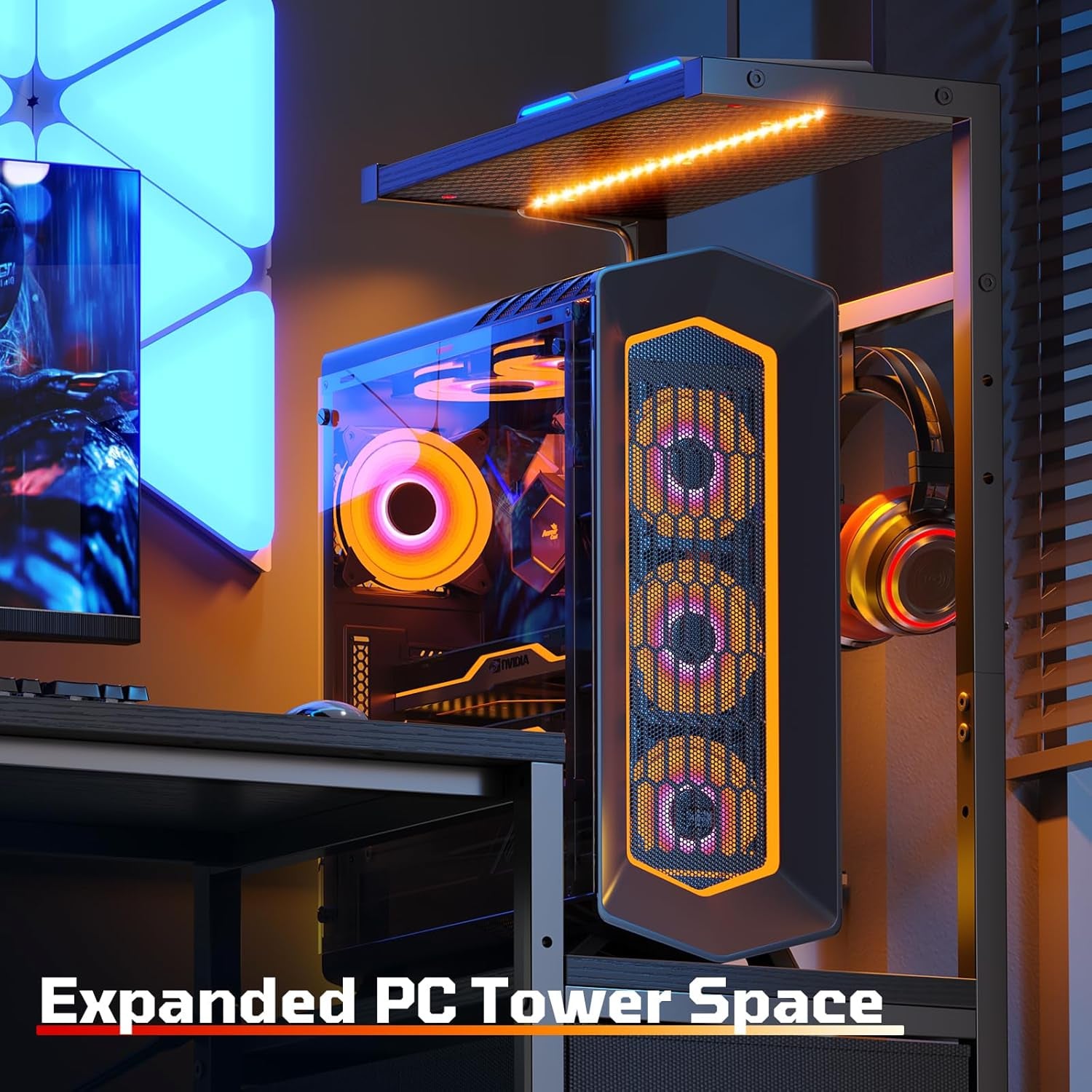 44 Inch Gaming Desk for Small Spaces, Reversible Computer Desk with Drawers & Shelves, Modern Gamer Desk Table with Side Bag & Headphone Hook for Home Office, Black