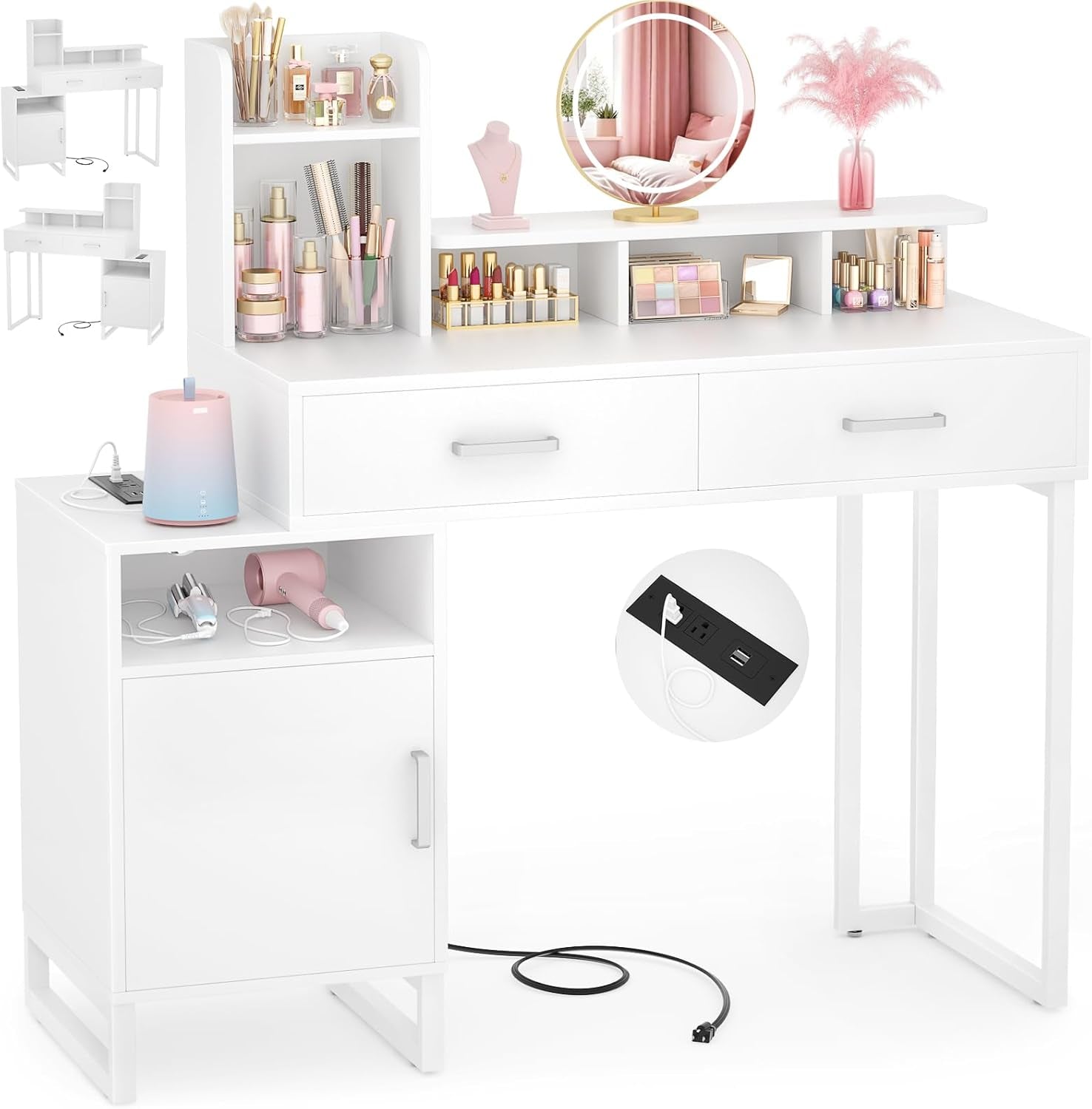 Vanity Desk, Small Vanity Desk with Power Outlet, Makeup Desk with Drawers and Cabinets, Vanity Set with Storage Shelves for Bedroom, No Mirror, White
