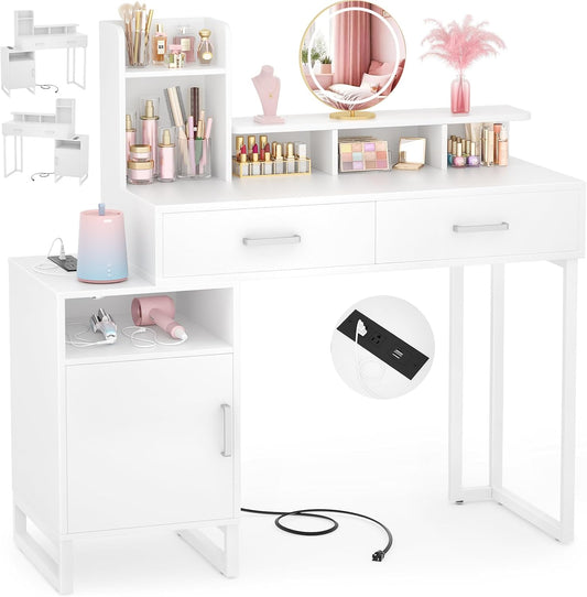 Vanity Desk, Small Vanity Desk with Power Outlet, Makeup Desk with Drawers and Cabinets, Vanity Set with Storage Shelves for Bedroom, No Mirror, White