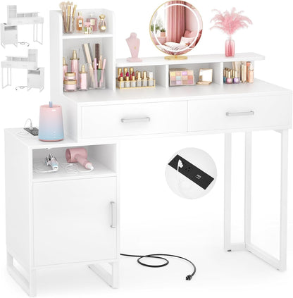 Vanity Desk, Small Vanity Desk with Power Outlet, Makeup Desk with Drawers and Cabinets, Vanity Set with Storage Shelves for Bedroom, No Mirror, White