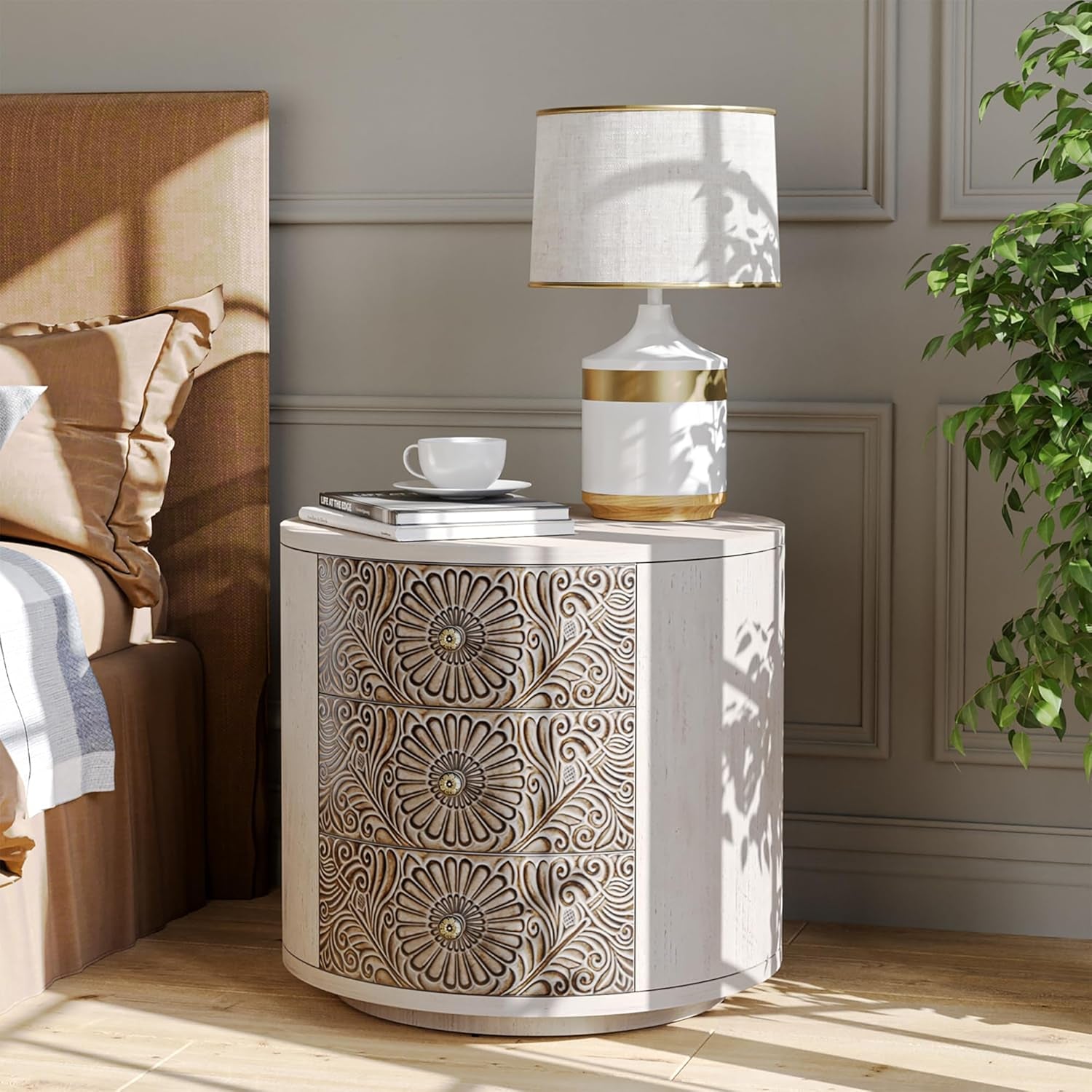 End Table Living Room Small Side Table W 3 Drawers, Vintage Bedside Table, Elegant Nightstand Small Dresser for Bedroom, Lightweight MDF Accent Table (Floral Texture)