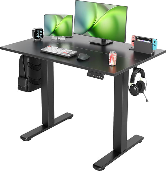 Electric Standing Desk Adjustable Height, 40 X 24 Inch Sit Stand Desk with T-Shaped Frame, 3 Memory Presets & Cable Management for Home Office Computer Workstation, Black Frame/Black Top