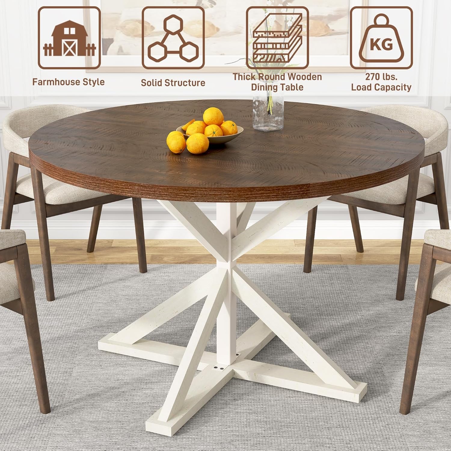 Round Wood Dining Table for Kitchen,Dining Room,Living Room,Farmhouse Dinner Tables W/Thickened Brown Waterproof Tabletop for 4 People,47 Inch Rustic Kitchen Table W/Metal Support