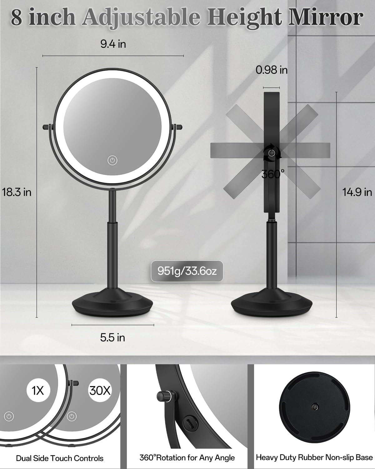 Makeup Mirror with Lights, 1X/30X Lighted Magnifying Mirror Height Adjustable, 3000Mah Rechargeable Double Sided Vanity Mirrors with 3 LED Lighting and Adjustable Brightness for Desk Women Gift