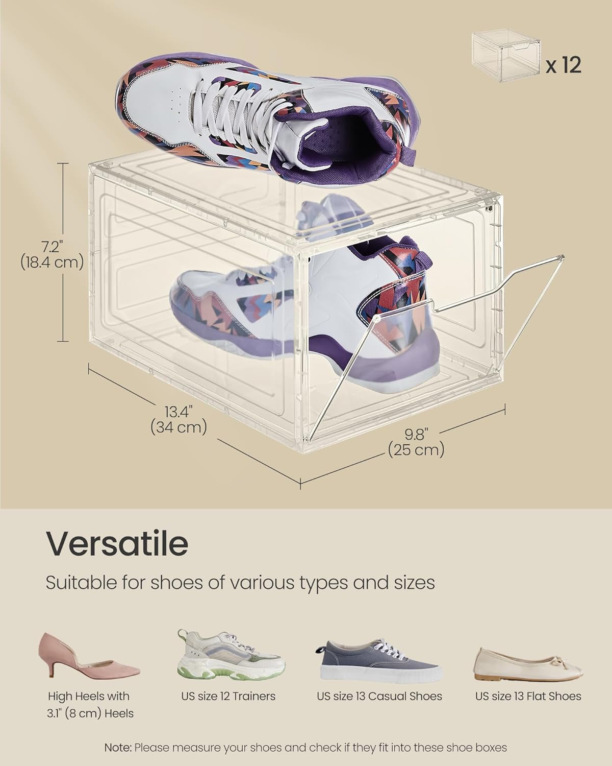 Shoe Boxes, Clear Shoe Organizers, Set of 12, Plastic Shoe Storage with Clear Door, Easy Assembly, up to US Size 13, Transparent White ULSP032W12